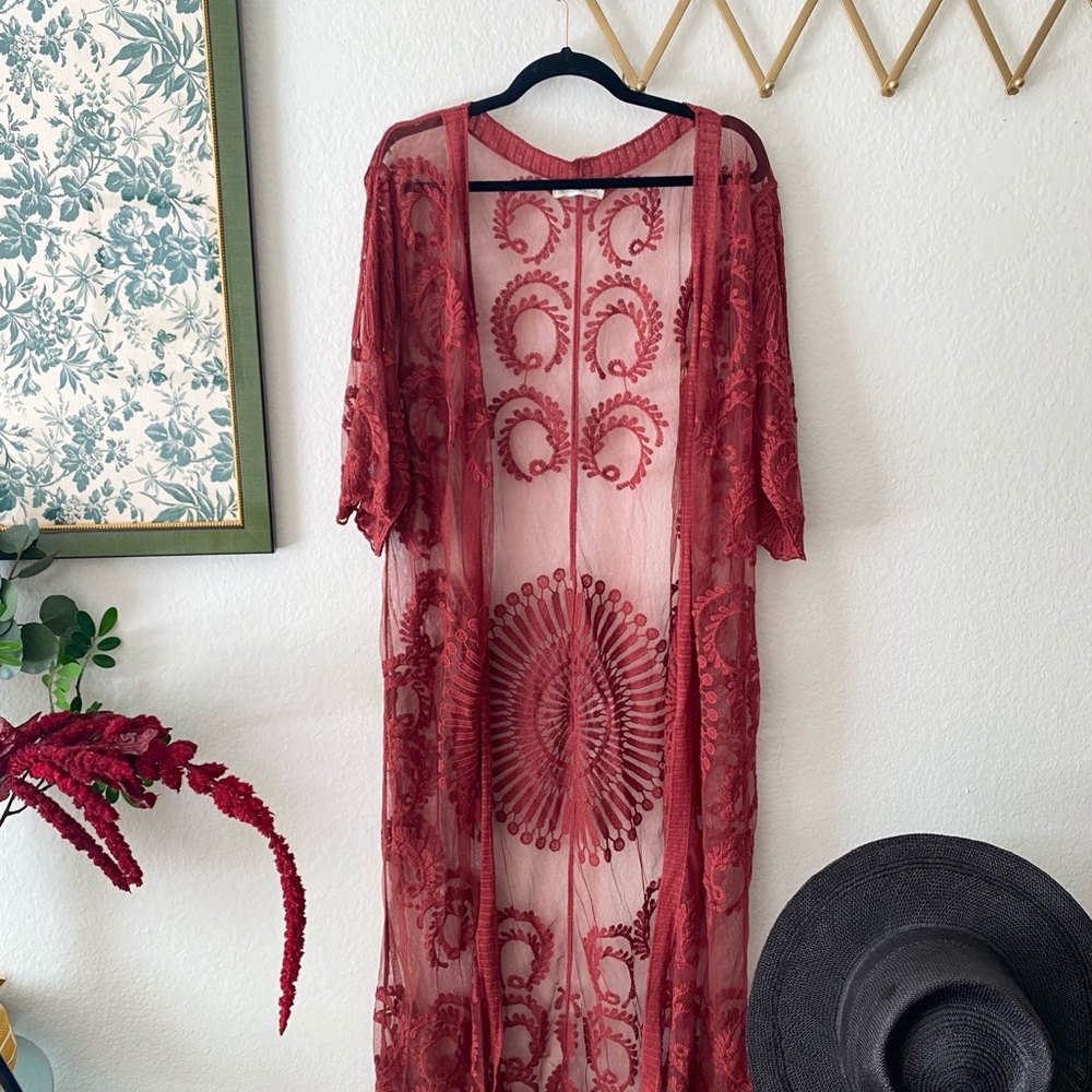 Anthropologie Burgundy Embroidered Kimono
